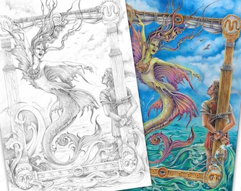 Ausmalbild: Sirene und Jason in Graustufen. PDF, druckbar, digitaler Download.