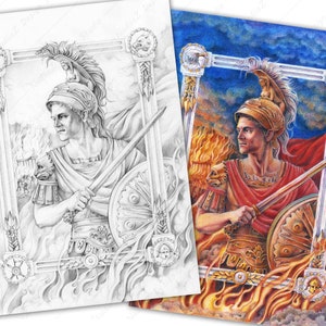 Adult Coloring page of grayscale portrait of Ares, god of war. PDF, Printable, Digital Download.