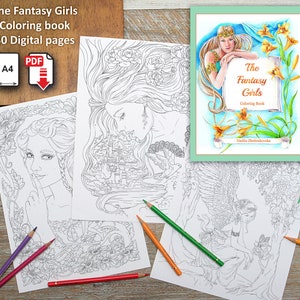 Fantasy Girls.  Adult Digital Coloring Book in PDF, Printable, Simple and Complex Designs