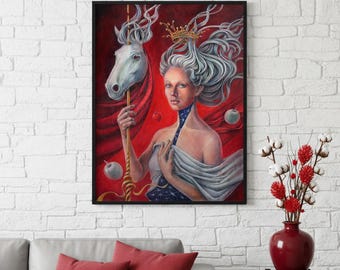 Fantasy Girl with Horse Digital Download Printable Art Print Red Wall Decor