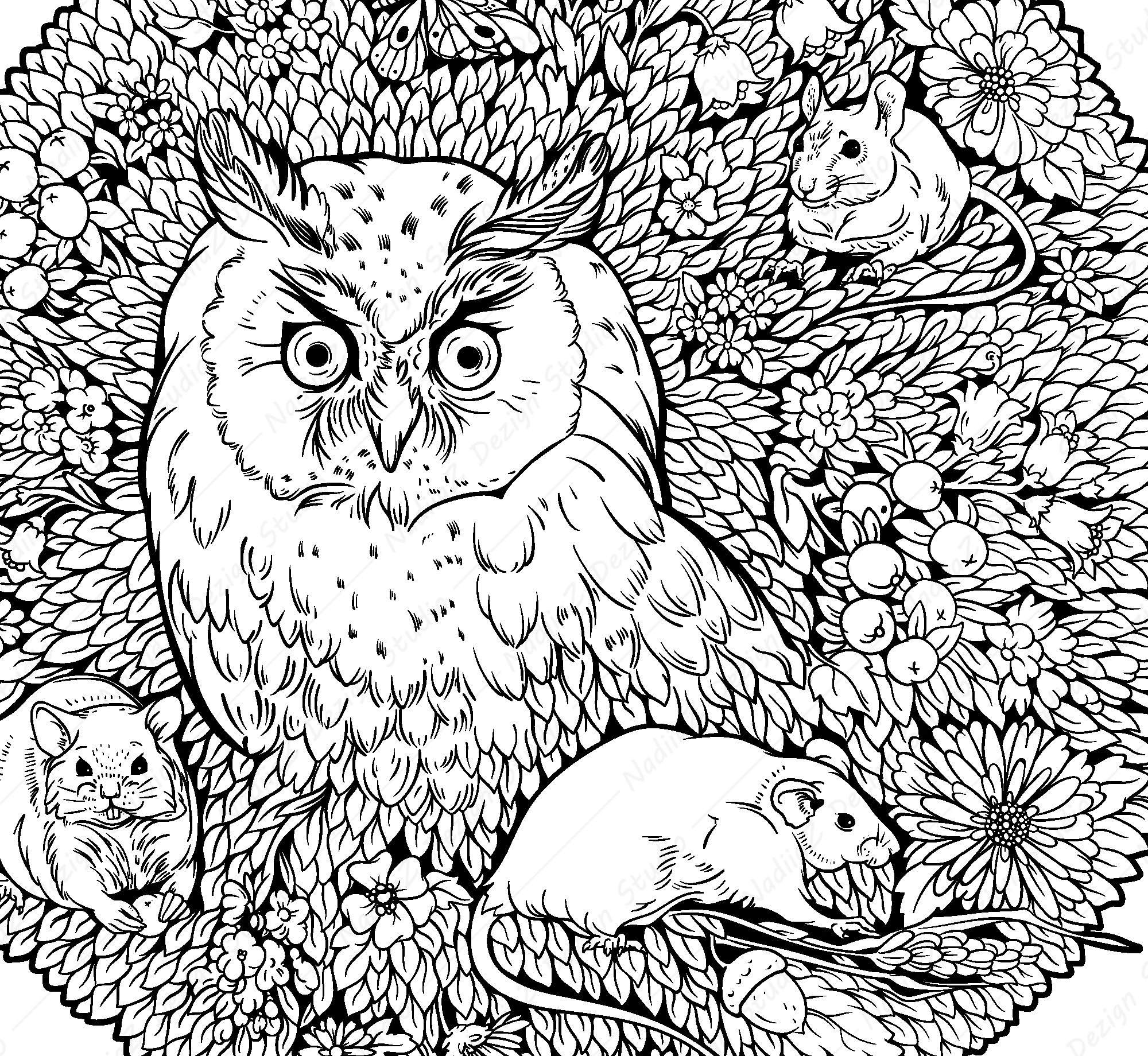 Coloring Page With an Owl and Mice PDF Coloring Page Etsy