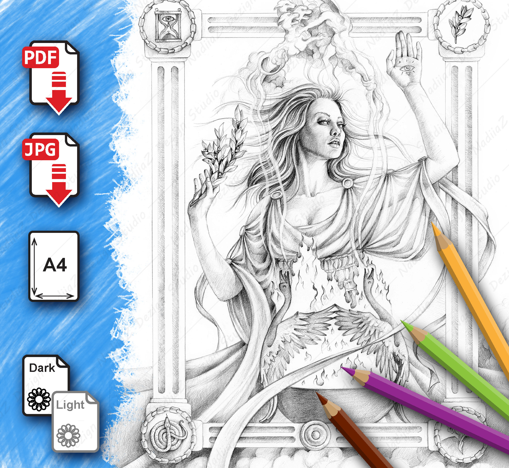ピュティアのグレースケール肖像画の大人向けぬり絵ページ。PDF、印刷 
