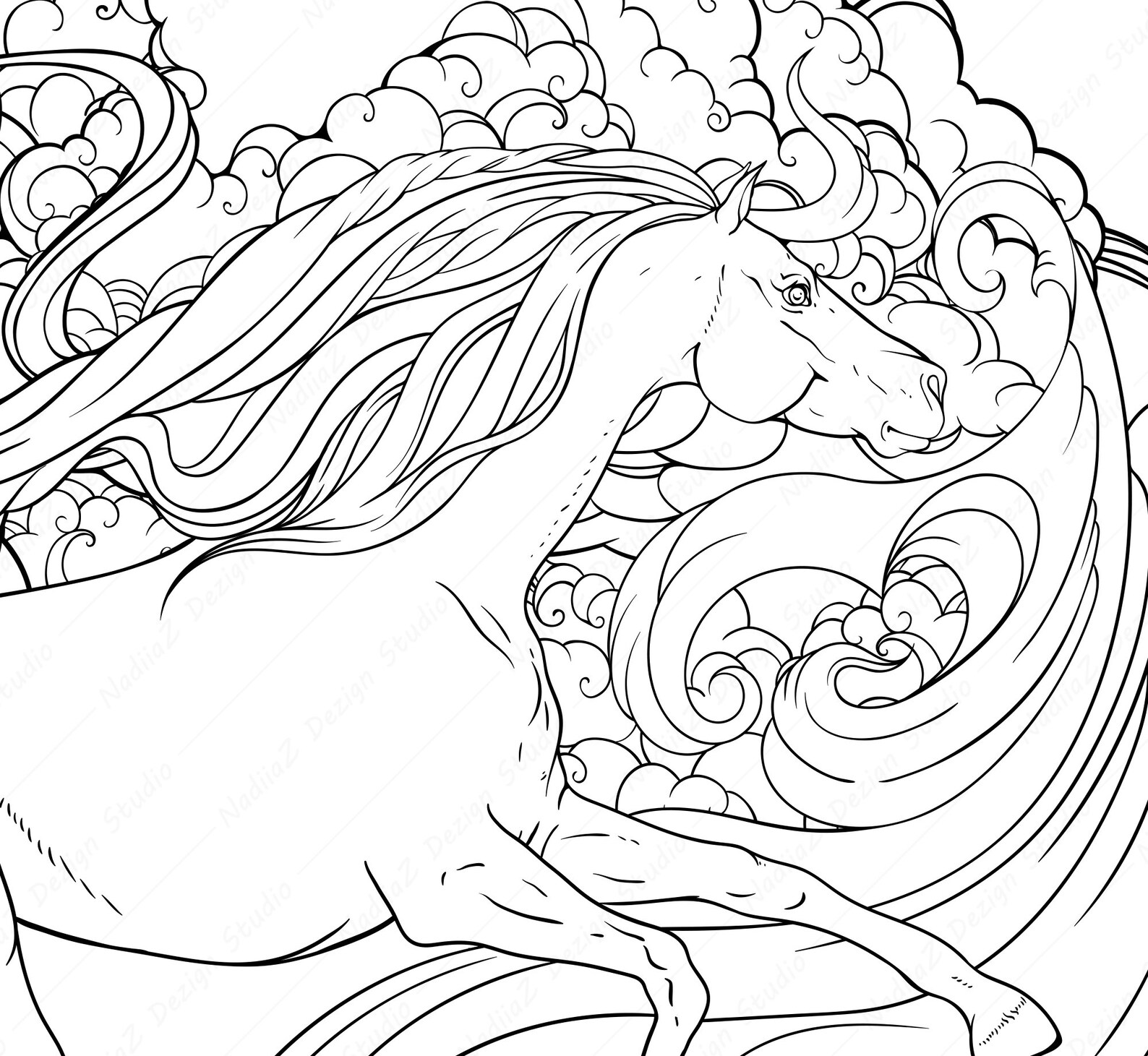 Adult Coloring page of fantasy horse running through the wind | Etsy