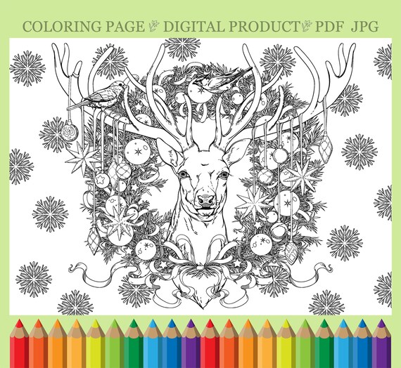 Christmas Coloring Page With Deer PDF Printable Coloring