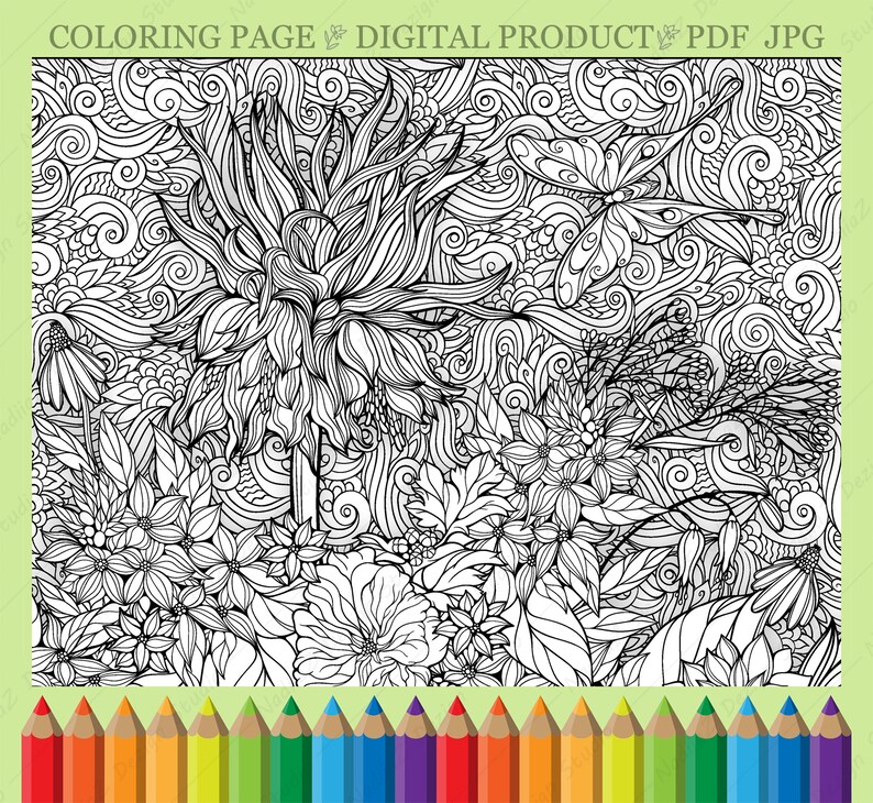Adult Botanical Coloring Page With Flowers PDF Printable Etsy