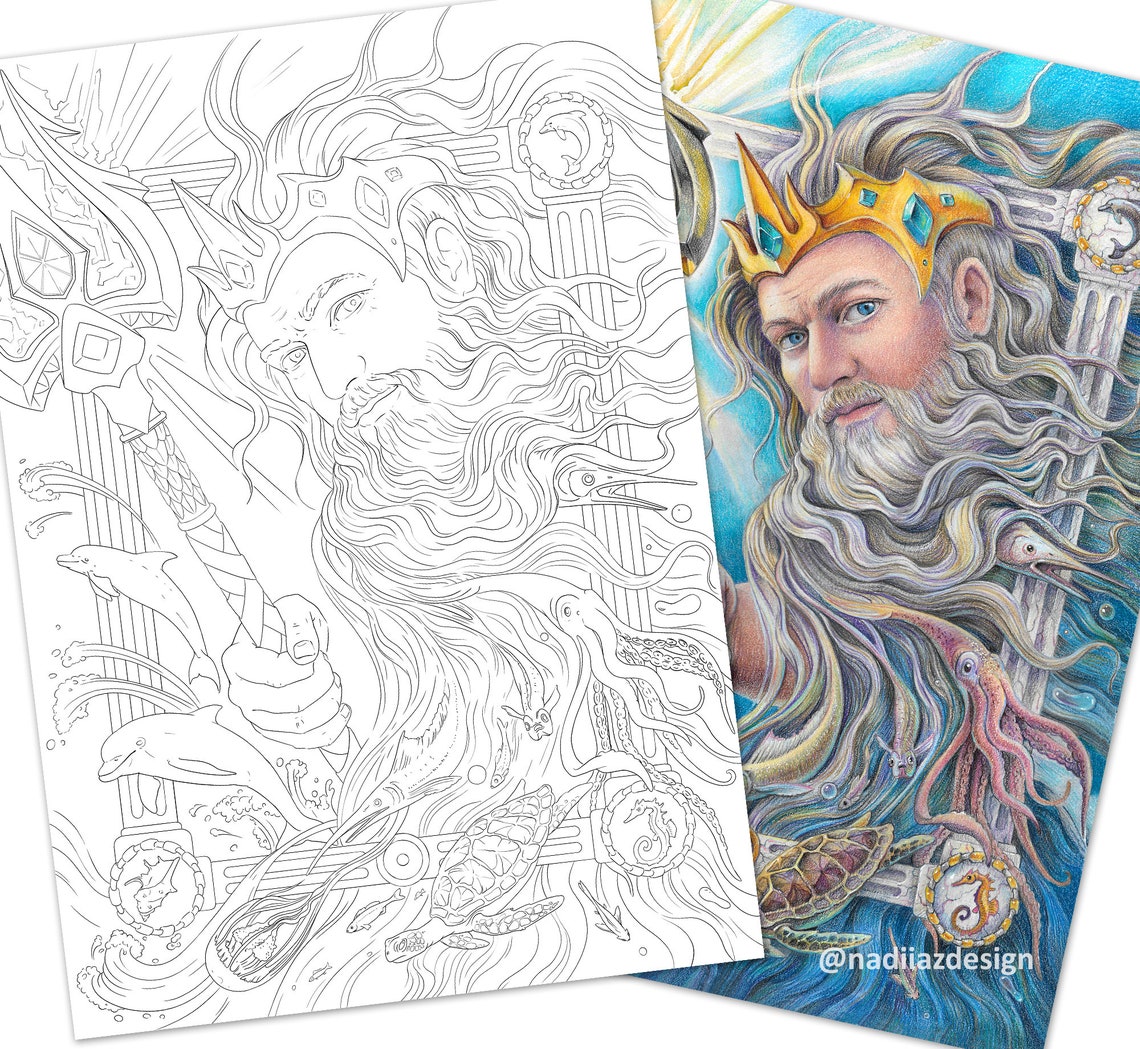 955 Simple Poseidon Coloring Page with Animal character