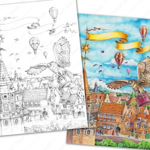 Puede incluir: Una pintura de acuarela de un pueblo fantástico con un búho grande volando sobre los tejados. El búho lleva un cubo en sus garras. Hay globos aerostáticos en el cielo y una pancarta que dice "Bienvenido".