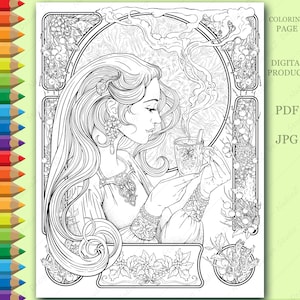 Coloring page with portrait a girl with cup of tea. PDF Coloring page, Printable Coloring page, Adult Coloring page, Digital Download