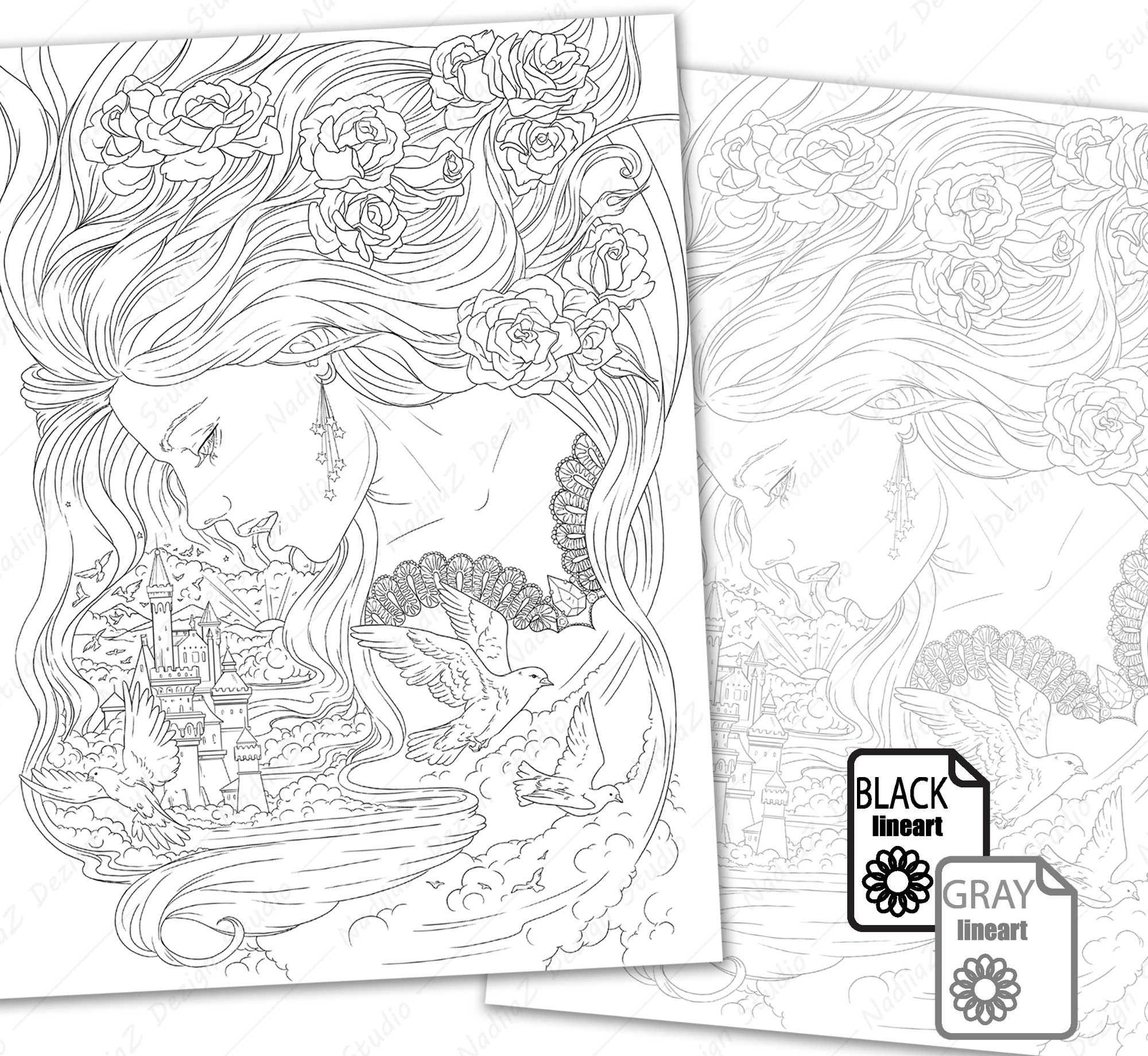 Fantasy Coloring Page With Portrait of Girl in Dreams. PDF | Etsy