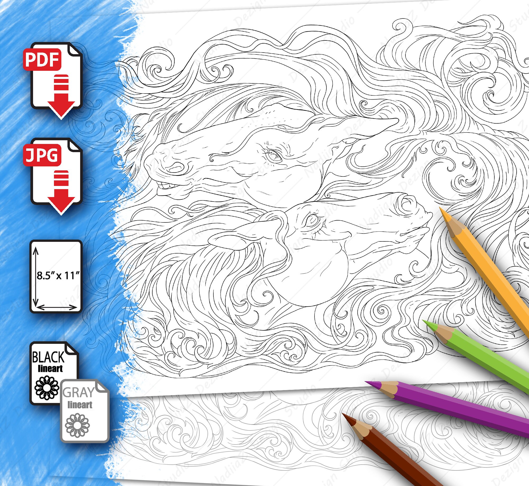 Coloring page of two horses PDF Coloring page Printable | Etsy