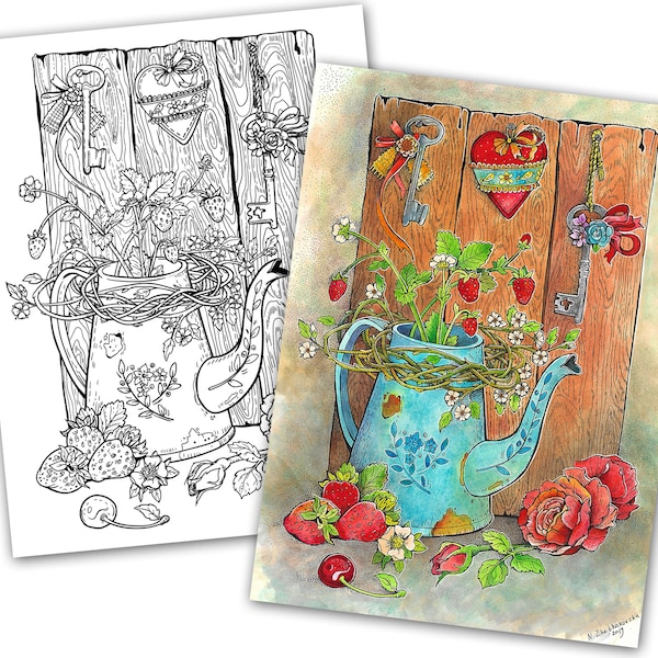 Coloring page of romantic still life with strawberries, PDF Coloring page, Printable Coloring page, Adult Coloring page, Digital Download