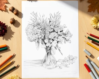 Handmade Flower Bouquet Coloring Page, Printable Grayscale Floral Art, Digital Download