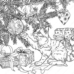 May include: A black and white illustration of a cat reaching for a Christmas ornament on a decorated Christmas tree. The cat is sitting on a pile of wrapped presents.