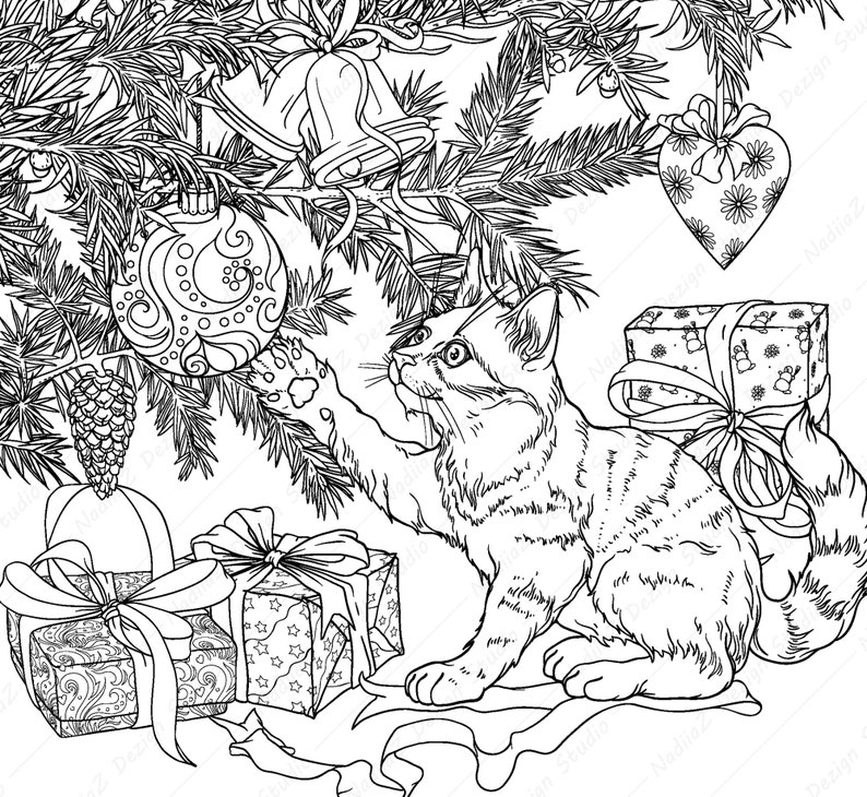 May include: A black and white illustration of a cat reaching for a Christmas ornament on a decorated Christmas tree. The cat is sitting on a pile of wrapped presents.