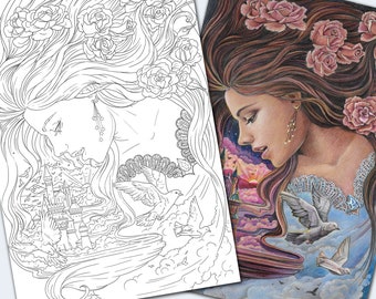 Dreamy Castle Girl Fantasy Coloring Page Digital Download