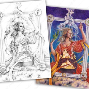 May include: A colored pencil drawing of a woman in a red robe with flames and a cauldron. She is holding a branch with leaves in her right hand and is surrounded by a white frame with a blue background.