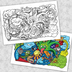 Desenho de vida marinha maluca para colorir para adultos (download digital)