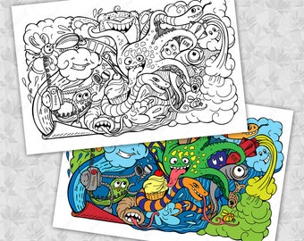 Crazy Sea Life Doodle Coloring Page for Adults Digital Download