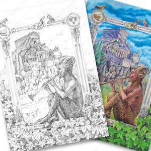 Adult Coloring page of grayscale portrait of Faun. PDF, Printable, Digital Download.