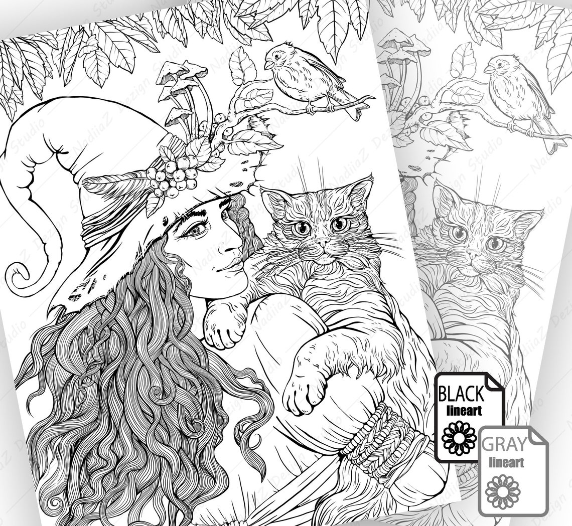 Coloring Page of the Forest Witch With a Cat PDF Coloring | Etsy