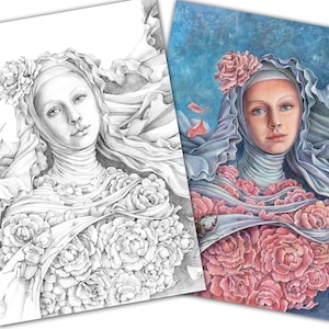 Retrato Art Nouveau de una mujer esotérica con rosas (página para colorear en escala de grises)