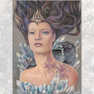 May include: A woman with long dark hair wears a crown and a pearl necklace. She is surrounded by blue and white crystals. A black raven sits on her shoulder, also wearing a pearl necklace.