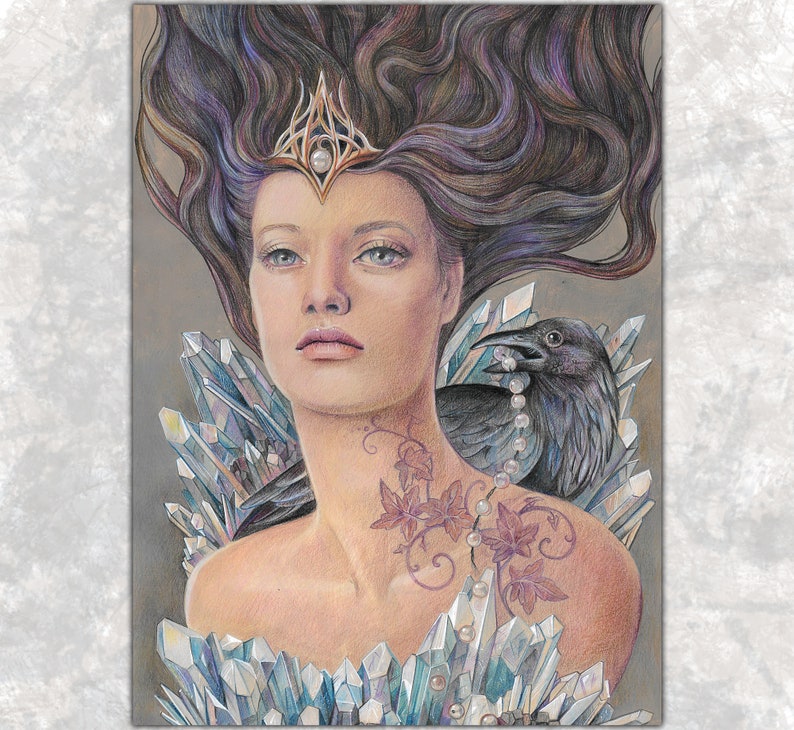 May include: A woman with long dark hair wears a crown and a pearl necklace. She is surrounded by blue and white crystals. A black raven sits on her shoulder, also wearing a pearl necklace.