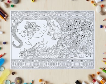 Sweet-Tooth Dragon Coloring Page – Fantasy Creature Line Art, Intricate Adult Coloring, Digital Download