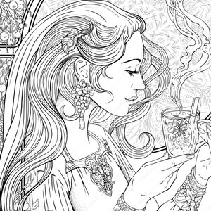 Coloring Page With Portrait a Girl With Cup of Tea. PDF Coloring Page ...