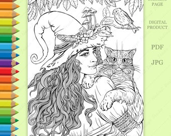 Coloring page of the forest witch with a cat, PDF Coloring page, Printable Coloring page, Adult Coloring page, Digital Download