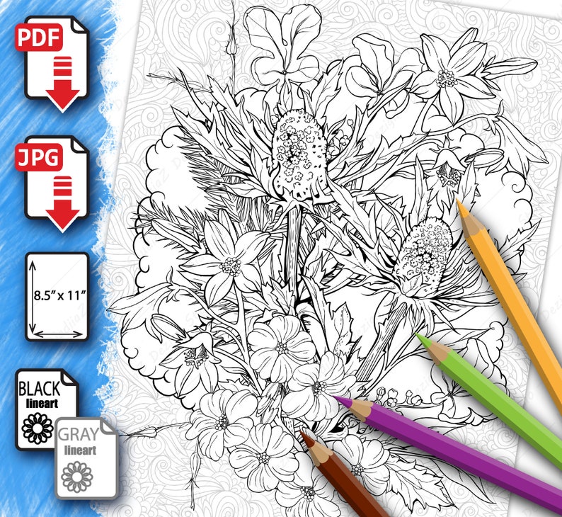 Download Coloring page of bouquet of flowers with thistle. PDF Coloring | Etsy