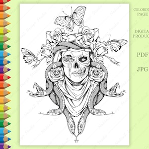 Horror coloring page of illustration with skull, snakes, butterflies and roses, Printable, Adult Coloring page, Digital Download