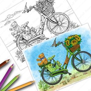 Coloring page of  bike with a teddy bear and a basket of sunflowers, PDF, Printable Coloring page, Adult Coloring page, Digital Download