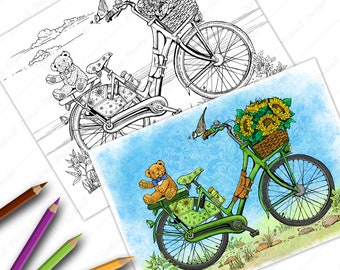 Bike with Teddy Bear and Sunflowers Coloring Page (PDF, Digital Download)