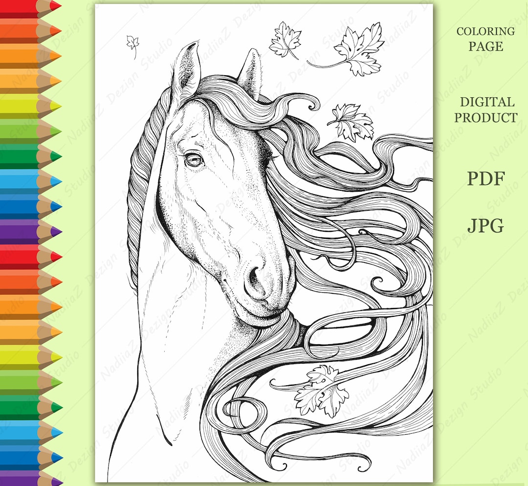 Adult Coloring Page of Portrait of Friesian Horse. PDF Coloring Page ...