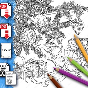 May include: A black and white line art coloring page featuring a cat reaching for a Christmas ornament on a decorated Christmas tree. The cat is sitting next to a stack of wrapped presents. There are five colored pencils on the page.