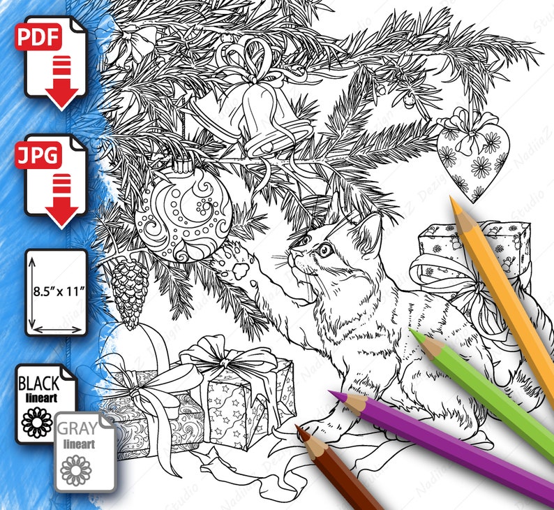 May include: A black and white line art coloring page featuring a cat reaching for a Christmas ornament on a decorated Christmas tree. The cat is sitting next to a stack of wrapped presents. There are five colored pencils on the page.