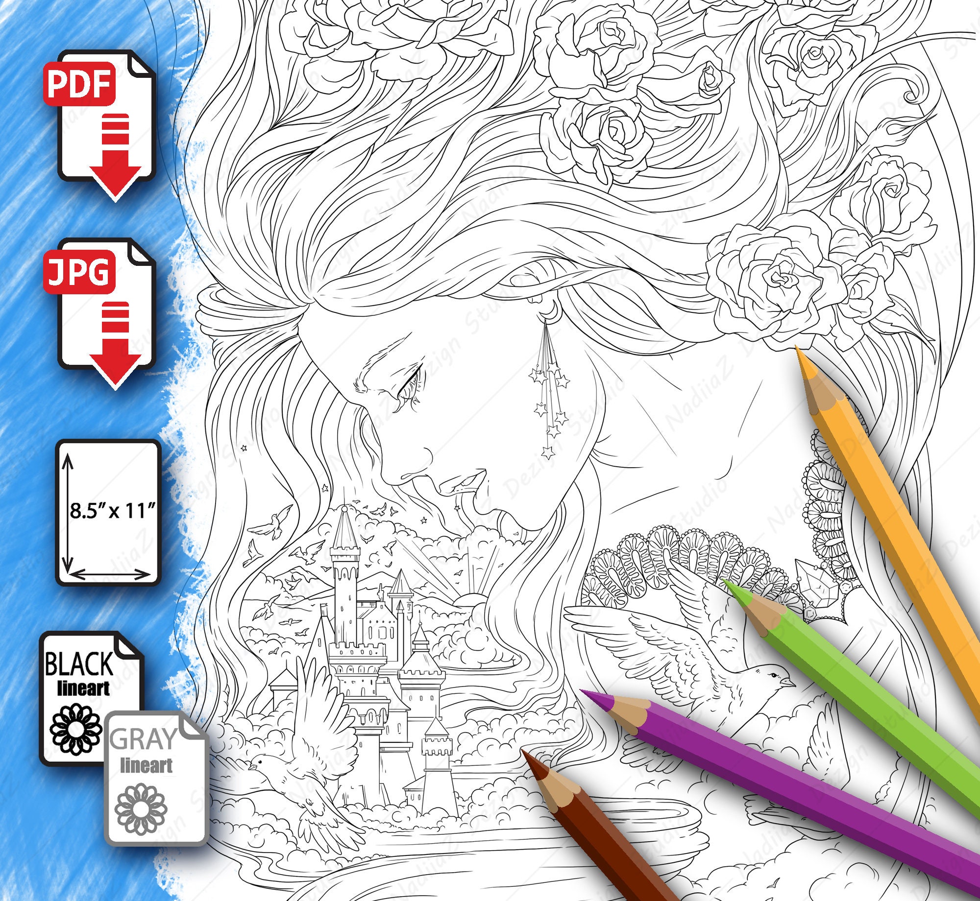 Fantasy Coloring Page With Portrait of Girl in Dreams. PDF | Etsy