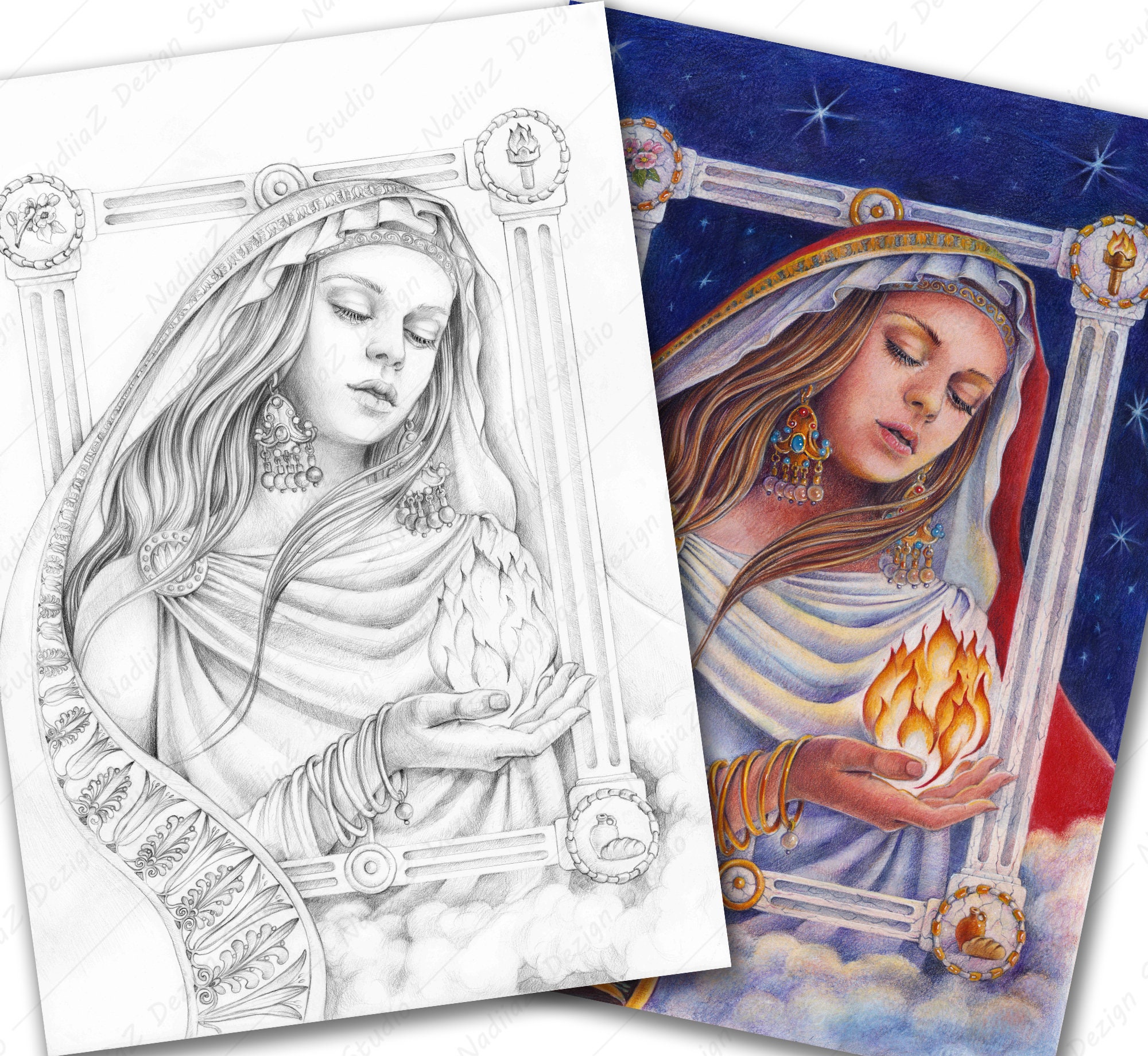 Adult Coloring Page of Grayscale Portrait of Goddess Hestia. PDF,  Printable, Digital Download. - Etsy Israel, image size:2000x1840