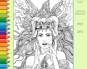Coloring page of the witch with skull, PDF , Printable, Adult Coloring page, Digital Download