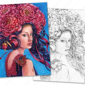 Adult Coloring page of grayscale portrait of art nouveau style girl with butterfly. PDF, Printable, Digital Download