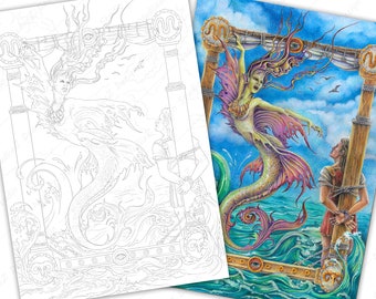 Adult Coloring page of Sirene and Jason. PDF, Printable, Digital Download.