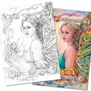 May include: A coloring book page featuring a detailed illustration of a woman with wings, holding a flower. The woman is surrounded by a frame with an hourglass and other decorative elements. The image is in black and white, with a colored version of the image shown in the background.