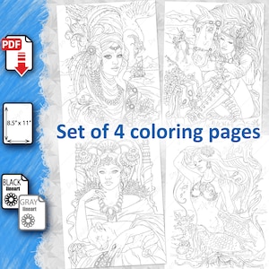 Set #5 von 4 Malvorlagen - Portraits eines Mädchens im Fantasy Stil, PDF, Malseite zum Ausdrucken, Ausmalseite für Erwachsene, digitaler Download