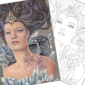 May include: A woman with long dark hair wears a crown of crystals and a pearl necklace. She is surrounded by large, clear crystals and a black raven sits on her shoulder.