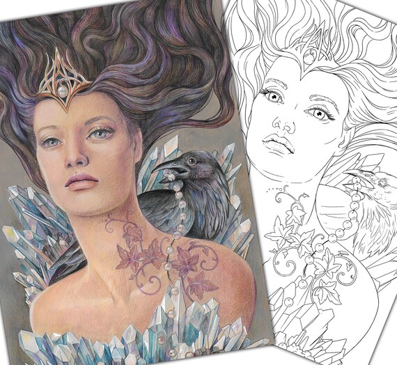 Girl with Raven Line Art Coloring Page, Fantasy Portrait Printable for Adults (Digital Download)