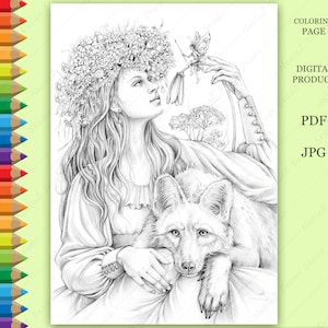 Witch Girl and Wolf Portrait Coloring Page (PDF, JPG)