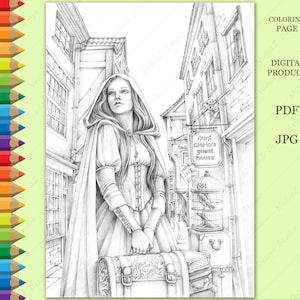 Adult Coloring page of grayscale portrait of girl with owl in the old town. PDF, Printable, Digital Download.