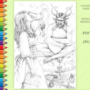 Adult Coloring page of grayscale portrait of a witch-girl with a demon. PDF, Printable, Digital Download