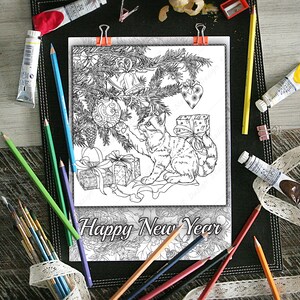 May include: A black and white coloring page featuring a cat reaching for a Christmas ornament hanging from a decorated tree. The text "Happy New Year" is at the bottom of the page.